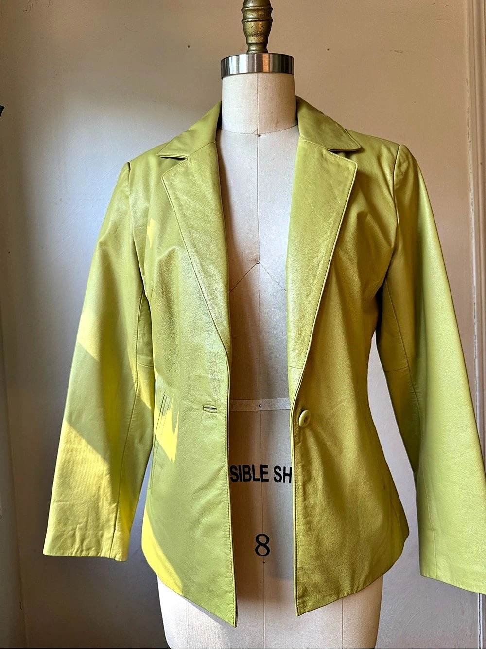 1990s Vintage Leather Blazer Jacket in Lime Green